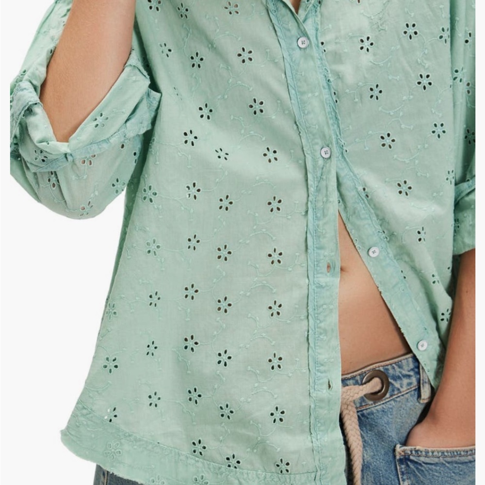 FP Movement by Free People Light Green Eyelet Button Down Shirt